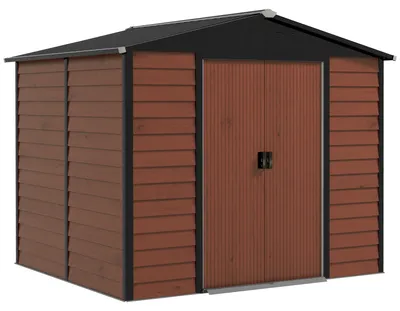 Image de Abri de jardin de 4,4 m² en acier galvanisé, 240 x 206 x 198 cm, abri métallique avec toit en appentis et fondations, abri de jardin résistant aux intempéries pour le rangement des outils, teck