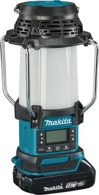 A Makita battery-powered lantern with a digital display and controls.