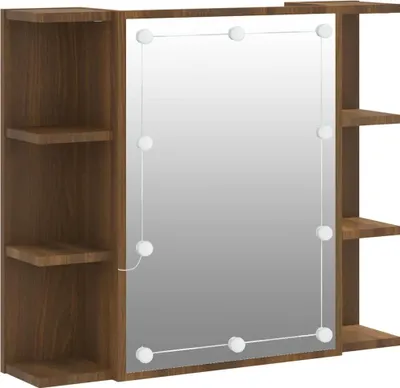 A product shot of a mirrored cabinet with integrated LED lights and shelving.