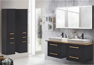 Produktbild von Badmöbelset anthrazit, Landhaus Eiche NB. DABO-04 mit Doppel-Waschtisch, LED-Spiegel & 2 Hochschränken, B/H/T 250/200/50 cm