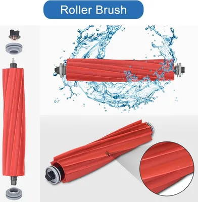 A collage of images showing a red roller brush for a vacuum cleaner, with water splashing around one of the images.