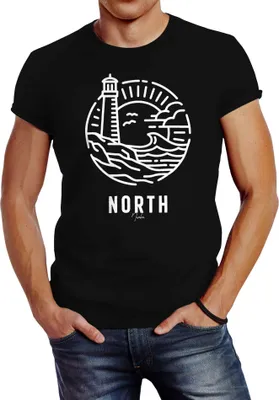 Produktbild von Herren T-Shirt Logo Outline Art maritim Leuchtturm Welle Aufdruck North Slim Fit Neverless® schwarz 4XL