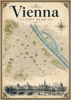 Produktbild von Vintage Stadtplan Poster DIN A2 – Vienna City Plan, dekorativer Wien Stadtplan, matt auf Ilford Papier gedruckt