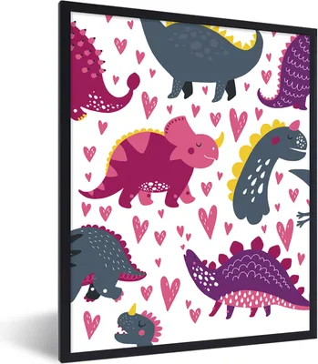 Produktbild von MuchoWow® Gerahmtes Poster Dino - Herz - Muster - Rosa - Mädchen - Dinosaurier 60x80 cm - Poster mit Schwarzem Bilderrahmen Wandposter Rahmen Foto Bilder - Premium - Wanddeko Wohnzimmer