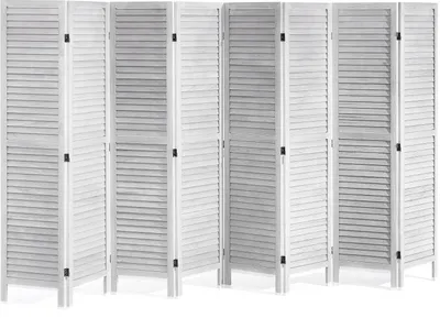 A white, slatted room divider is shown from the front.