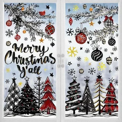 Produktbild von Unyqoos® 136-teiliges Weihnachts-Fenstersticker-Set – Schneeflocken & Tannenzweige, elektrostatisch haftend, doppelseitig bedruckt