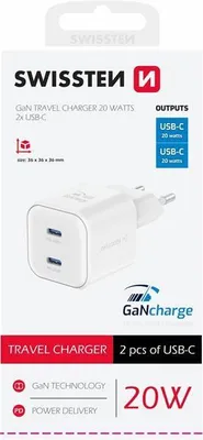 Obrázek produktu pro Cestovní nabíječka gan 2x usb-c 20w power delivery bílá