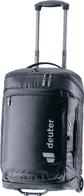 A black Deuter duffel bag with wheels and a retractable handle, shown against a white background.