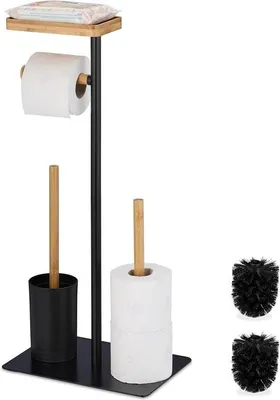 Produktbild von Famanu Toilettenzubehör Set - WC-Rollenhalter, Toilettenbürste, Reserverollenhalter und Ablage - Bambus und Metall - Schwarz/Natur