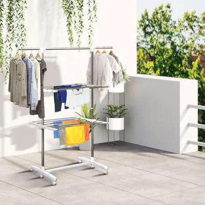 Produktbild von Standtrockner klappbar, Wäscheständer ausziehbar, 3 Ebenen, mit Rollen | Weiß | 15 kg | 136,5 cm