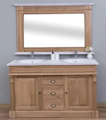 Image de Casa Padrino Ensemble salle de bain style campagne brun / blanc - 1 double vasque & 2 lavabos & 2 robinets & 1 miroir mural - Meubles de salle de bain en bois massif style campagne