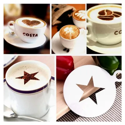 Produktbild von 2 Stück Edelstahl-Schablonen für Cappuccino und Kaffee in Herz- und Sternform