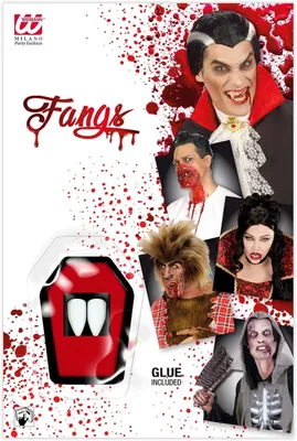 Image de Dents de vampire professionnelles - 2 canines - 0,6 ml de colle - Ventouse - Halloween - Carnaval - Fête à thème