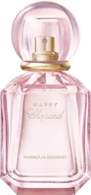A pink glass perfume bottle with a gold spray nozzle and cap.