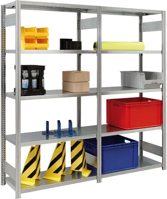Produktbild von Fachbodenregal FALKE | Medium-Duty | Grundregal | HxBxT 200x88x50cm | 5 Ebenen | Fachlast 250kg | Beidseitig nutzbar | Verzinkt