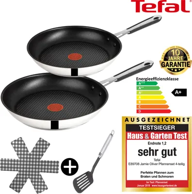 Produktbild von Tefal E30 Jamie Oliver Pfannenset Induktion 4 tlg -SET9- Edelstahl Pfanne 28 cm groß + Pfanne 24 cm, Bratpfannen hoch, Antihaft-beschichtet