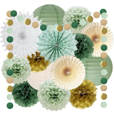 Productafbeelding van Feestdecoratieset in saliegroen, crème en goud: zijdepapier pompons, papieren waaier, guirlande