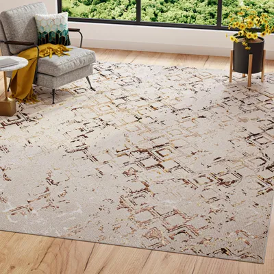 A rug in a living room setting with a chair and a plant.