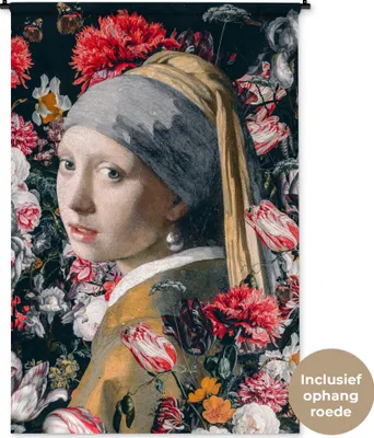 Produktbild von MuchoWow® Wandteppich Wandbehang Das Mädchen mit dem Perlenohrring - Johannes Vermeer - Blumen 120x180 cm Tapisserie Dekoration Wandtuch - Schlafzimmer - Dekorationen für das Haus
