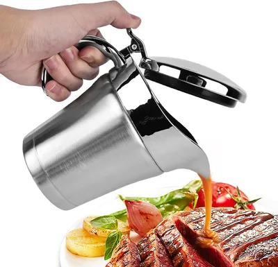 Produktbild von Sauciere Thermo Edelstahl 450ml, Doppelwandiger Soßenspender mit Klappdeckel, Milchkännchen mit Deckel für Saucen, Sahne und Vanillesoße