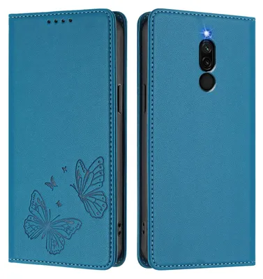 Produktbild von Lederhülle für Xiaomi Redmi 8/Redmi 8A, Schmetterling Prägung Leder Brieftasche Schutzhülle mit Ständer Blau