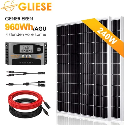 Produktbild von 240W Solarmodul Solarpanel Kit 2x120 Watt Photovoltaik Solaranlage Komplettset für Wohnmobil Balkonkraftwerk Camp Boot 0% MwSt