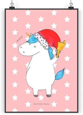 Produktbild von Mr. & Mrs. Panda Bild Einhorn Weihnachtsmann DIN A4 - Rot Pastell - Geschenk, Poster, Kunstdruck, drucke, Einhörner, Unicorn, wanddeko, Nikolaus, Weihnachten, Gin, Plakat