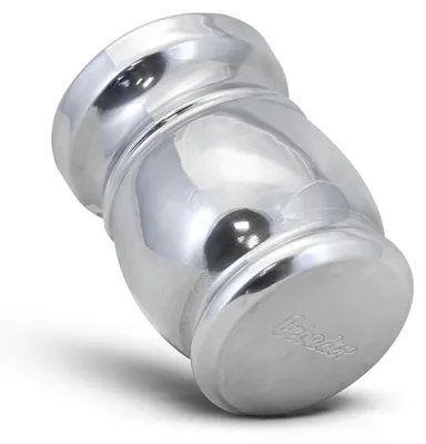A shiny silver mate gourd is shown against a white background.