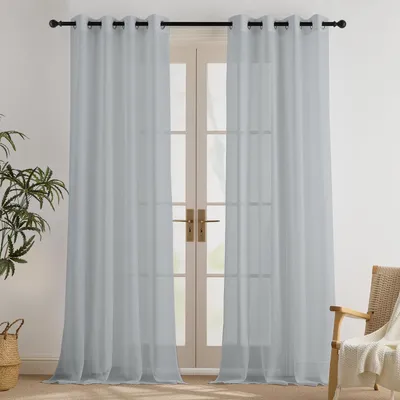 Image de Rideaux transparents avec œillets, pour salon, dimensions 245 cm de hauteur x 140 cm de largeur (lot de 2), couleur gris, aspect lin