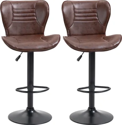 Produktbild von HOMCOM 2er-Set Barhocker, gepolstert mit Kunstleder, hohe Esszimmerhocker, höhenverstellbar, drehbar, mit Rückenlehne und Fußstütze, 46,5 x 54 x 88–108 cm, Braun