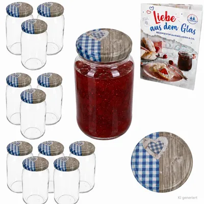 Produktbild von 12x Einmachgläser 720 ml Deckel Holz Herz blau-weiß kariert To 82 Heft