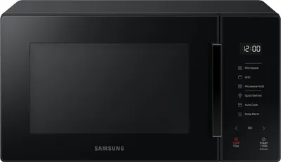 A front-on studio shot of a black Samsung microwave oven.
