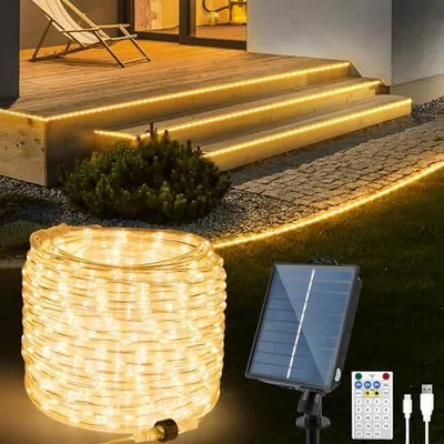 Produktbild von Solar -LED -Schlauch im Freien, 15 m, 600 LEDs, warme weiße Seilleuchte USB -Ladefunktion Fernbedienung, Schnur, Party, Trampolin, Garten, Balkon