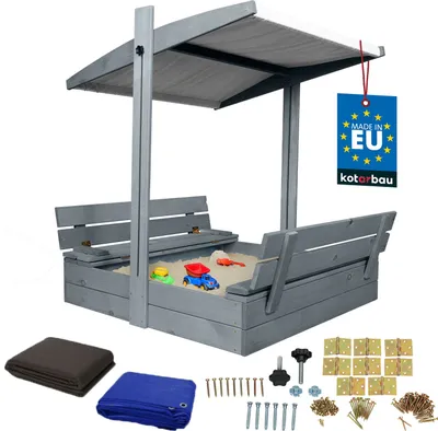 Produktbild von KOTARBAU® Sandkasten mit Abdeckung 100 x 100 cm Großer Grau Holzsandkasten mit Grau Dach Sandkasten mit Deckel Sandkasten mit Dach Gartenspielzeug Kinder imprägniert verschließbar mit Bänken
