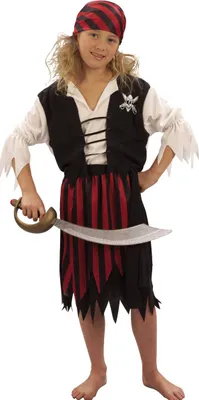 A young girl dressed in a pirate costume, holding a toy sword.