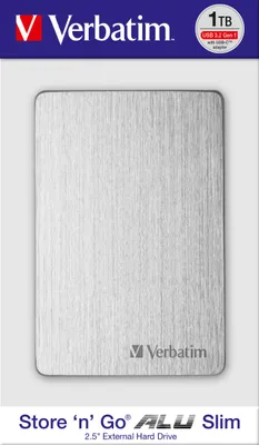 The image shows the packaging of a Verbatim Store 'n' Go ALU Slim 1TB external hard drive.