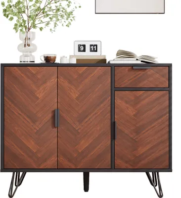 Zdjęcie produktu dla Fortuna Lai Nowoczesna szafka do przechowywania, kredens w kolorze czarnym i imitacji drewna z szufladą i regulowanymi półkami (90 x 30 x 71,5 cm)
