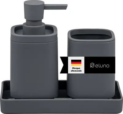 Image de Ensemble d'accessoires de salle de bains eluno VALONA, 3 pièces, comprenant 1 distributeur de savon, 1 gobelet et 1 coupelle, en plastique gris