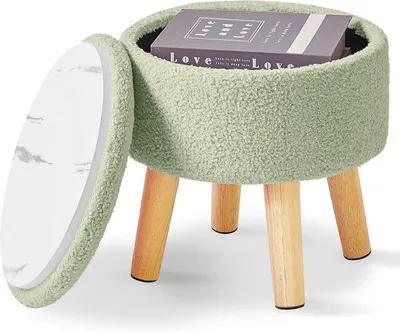 Productafbeelding van Voetenbank 33 cm, rond, opbergruimte, teddy fluweel, houten poten, voor woonkamer