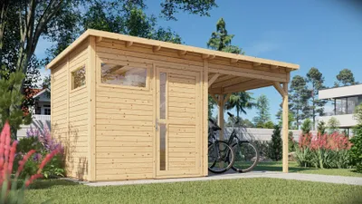 Produktbild von Gartenhaus Kiel 02 mit Anbaudach inkl. Fußboden, Naturbelassen - 19 mm Elementgartenhaus, Nutzfläche: 5,10 m², Flachdach