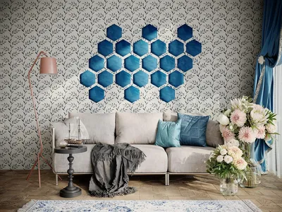 Immagine prodotto di Set da 12 pezzi – Pannelli acustici in velluto per pareti | Pannelli che riducono l'eco, assorbono il suono e isolano acusticamente | [4 esagoni (25x25 cm) | Blu]
