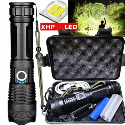 Produktbild von LED Taschenlampe USB aufladbar, superhell mit Zoom, 5 Lichtmodi, wasserdicht, Aluminiumgehäuse, Camping- und Arbeitsleuchte