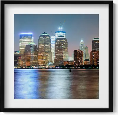 Produktbild von Panorama der Stadt bei Nacht– Wandbild mit Rahmen – Gerahmtes Bild  – Wanddekoration – 50x50 cm –  Schwarz Rahmen
