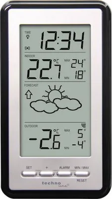 A digital weather station displaying time, indoor and outdoor temperature, and weather forecast.
