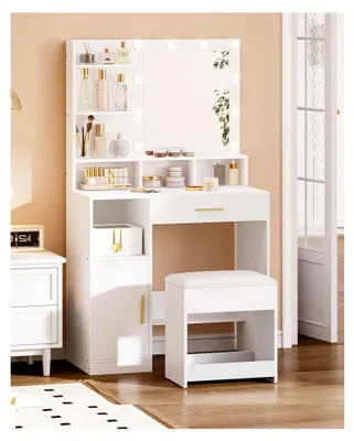 Produktbild von Schminktisch Hocker, gepolsterter Sitzhocker mit rutschfesten Fußpads, für Ankleidezimmer, Schlafzimmer, Eingangsbereich, Weiß