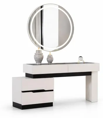 Obrázok produktu pre Štýlový biely toaletný stolík s elegantným LED zrkadlom a drevenými zásuvkami
