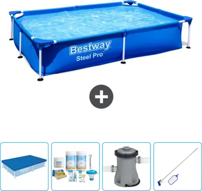 Produktbild von Bestway rechteckiger Steel Pro-Schwimmbecken – 221 x 150 x 43 cm – Blau – im Lieferumfang enthalten Abdeckung - Wartungspaket - Pumpe - Reinigungskit
