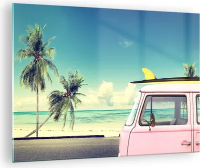 Produktbild von Bilder auf glas - Auto Surfbrett Strand Ozean - 70x50cm - Glasbilder - Wandbilder - Kunstdruck - zum Aufhängen bereit - Wanddekoration aus Glas - Glas Bilder - Wandbild auf Glas - GAA70x50-2835