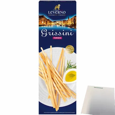 Produktbild von Leverno Grissini Torinesi Italienische Gebäckstangen extra dünn und knusprig (125g Packung) + usy Block