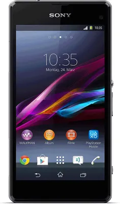 A Sony Xperia Z1 Compact smartphone displayed front-on against a black background, showing its screen with various app icons and the time.